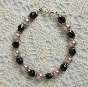 Pink Pearl Jet Black Faceted Czech Glass Beaded Bracelet Handmade 7 3/4"